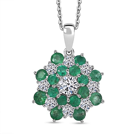 Luxuriant AAA Gemfields Zambian Emerald & SI-GH Lab Grown Diamond Floral Pendant with Chain (Size 20) in Rhodium Overlay Sterling Silver 2.22 Ct.