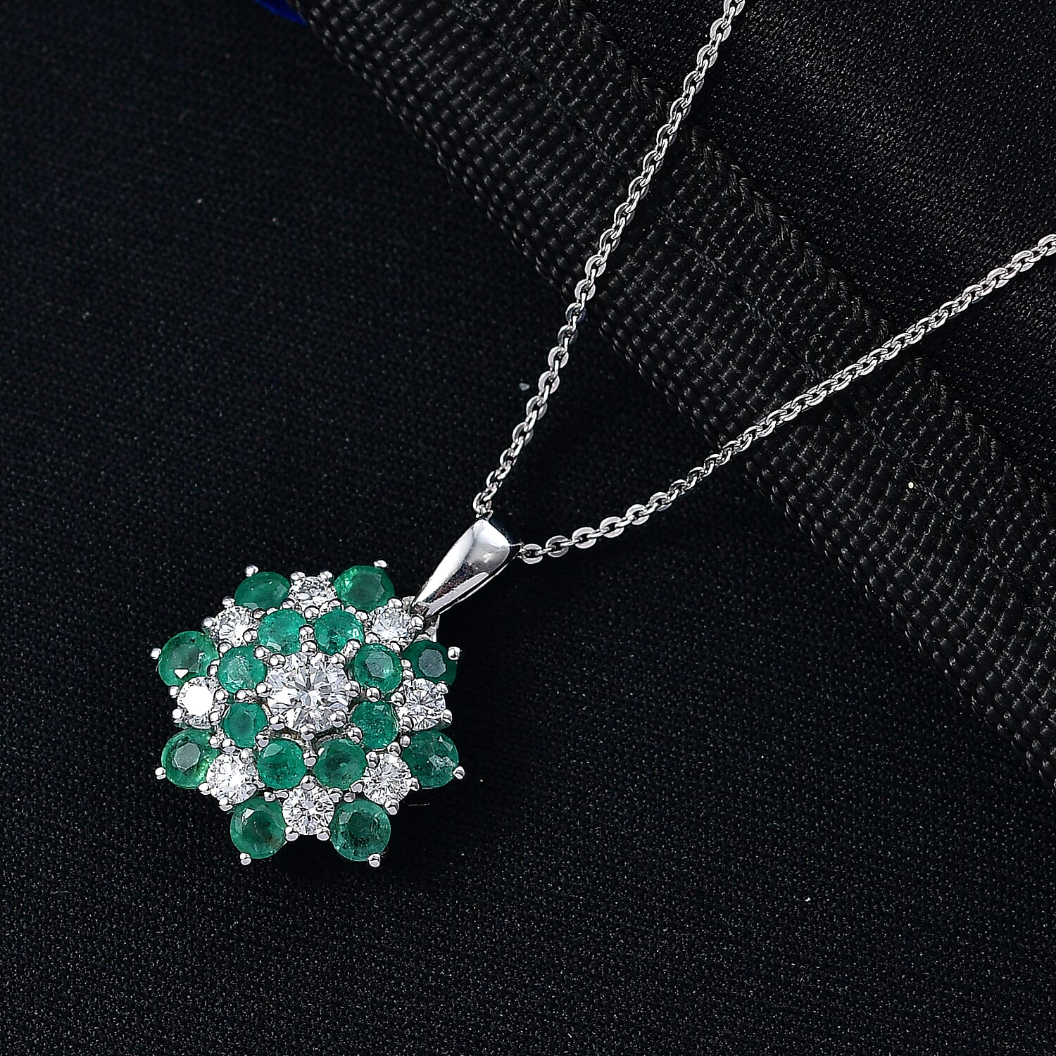 Luxuriant AAA Gemfields Zambian Emerald & SI-GH Lab Grown Diamond Floral Pendant with Chain (Size 20) in Rhodium Overlay Sterling Silver 2.22 Ct.