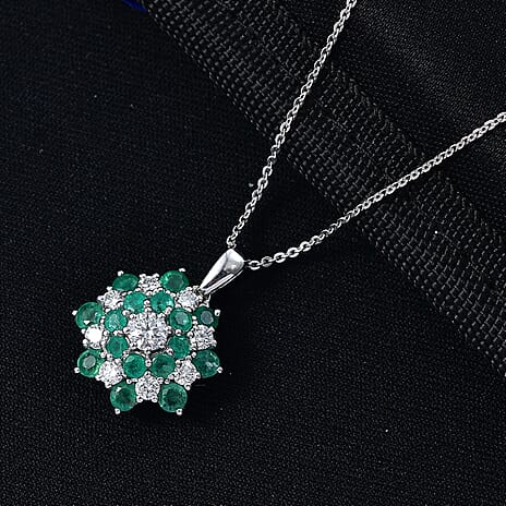 Luxuriant AAA Gemfields Zambian Emerald & SI-GH Lab Grown Diamond Floral Pendant with Chain (Size 20) in Rhodium Overlay Sterling Silver 2.22 Ct.