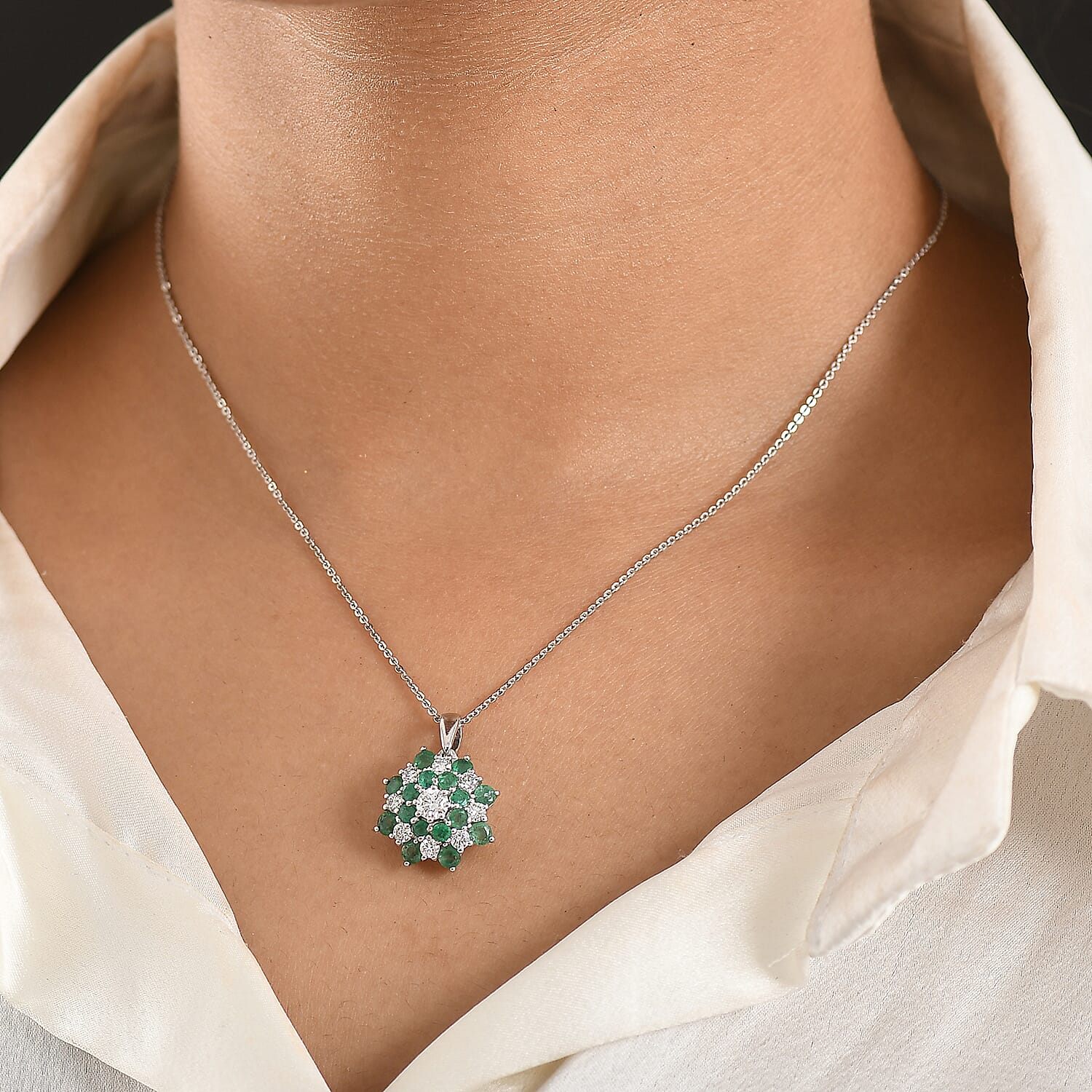 Luxuriant AAA Gemfields Zambian Emerald & SI-GH Lab Grown Diamond Floral Pendant with Chain (Size 20) in Rhodium Overlay Sterling Silver 2.22 Ct.