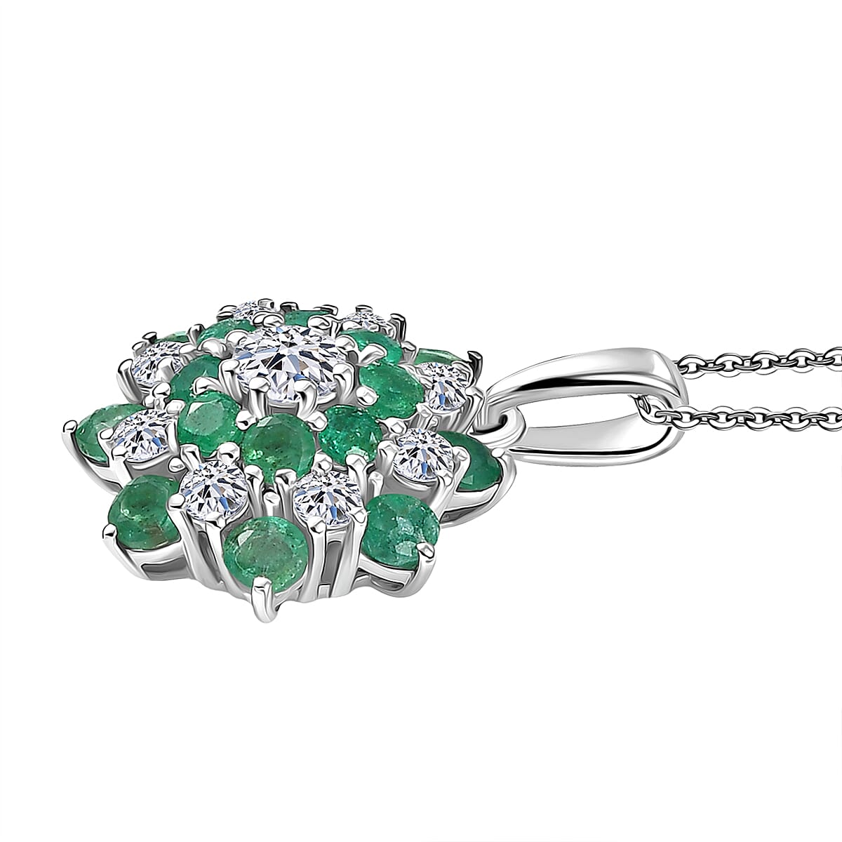 Luxuriant AAA Gemfields Zambian Emerald & SI-GH Lab Grown Diamond Floral Pendant with Chain (Size 20) in Rhodium Overlay Sterling Silver 2.22 Ct.