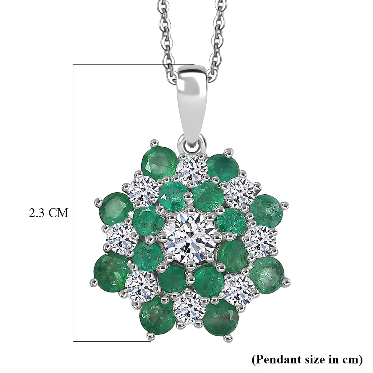 Luxuriant AAA Gemfields Zambian Emerald & SI-GH Lab Grown Diamond Floral Pendant with Chain (Size 20) in Rhodium Overlay Sterling Silver 2.22 Ct.