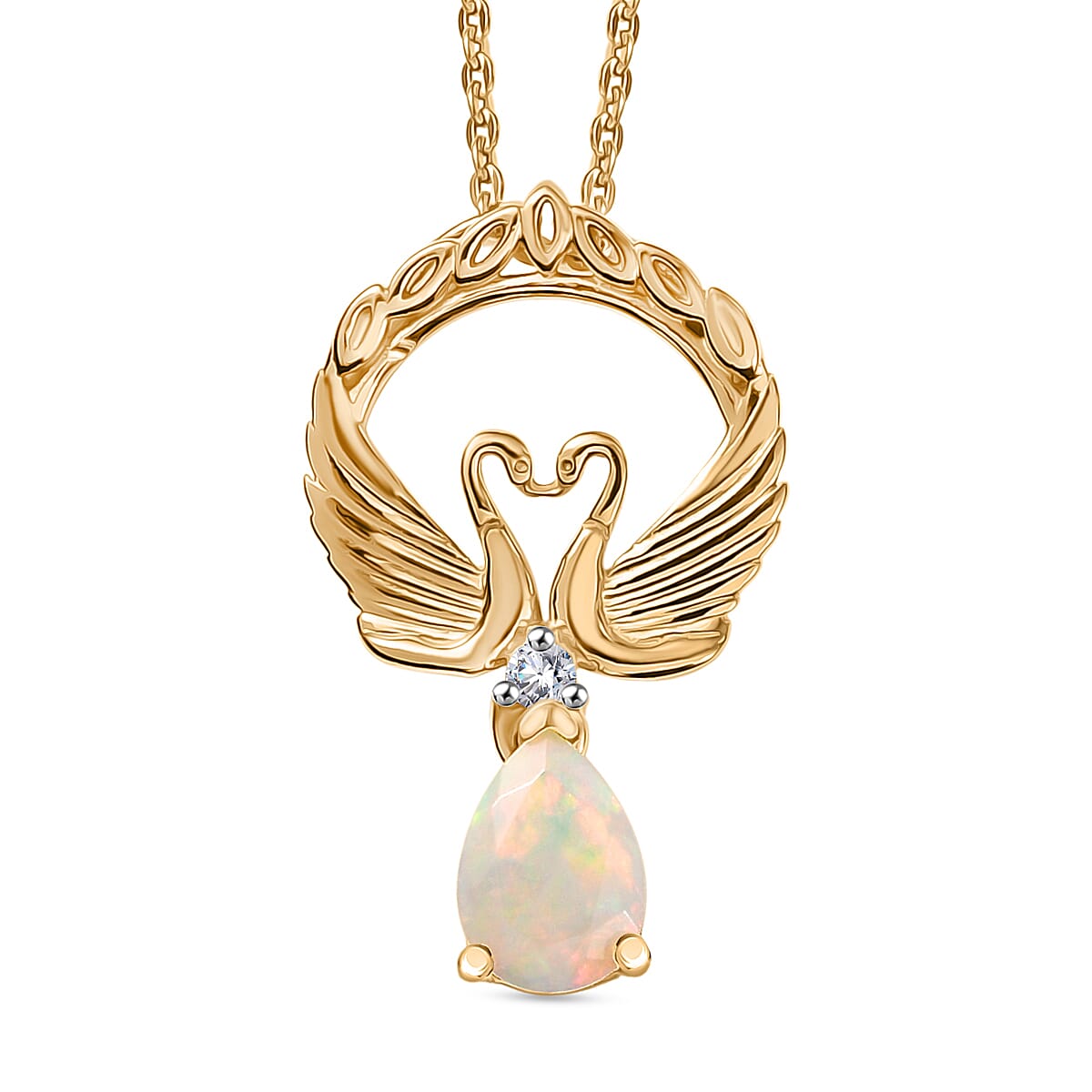 D'Joy Faceted Ethiopian Opal & White Zircon Swan Pendant with Chain (Size 20) in Yellow Gold Plated Sterling Silver.