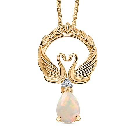 D'Joy Faceted Ethiopian Opal & White Zircon Swan Pendant with Chain (Size 20) in Yellow Gold Plated Sterling Silver.