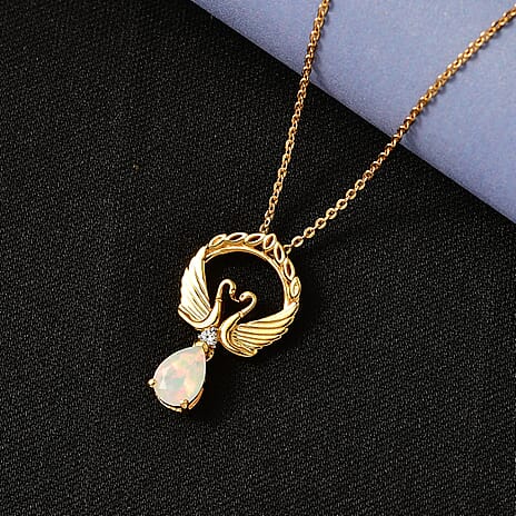 D'Joy Faceted Ethiopian Opal & White Zircon Swan Pendant with Chain (Size 20) in Yellow Gold Plated Sterling Silver.