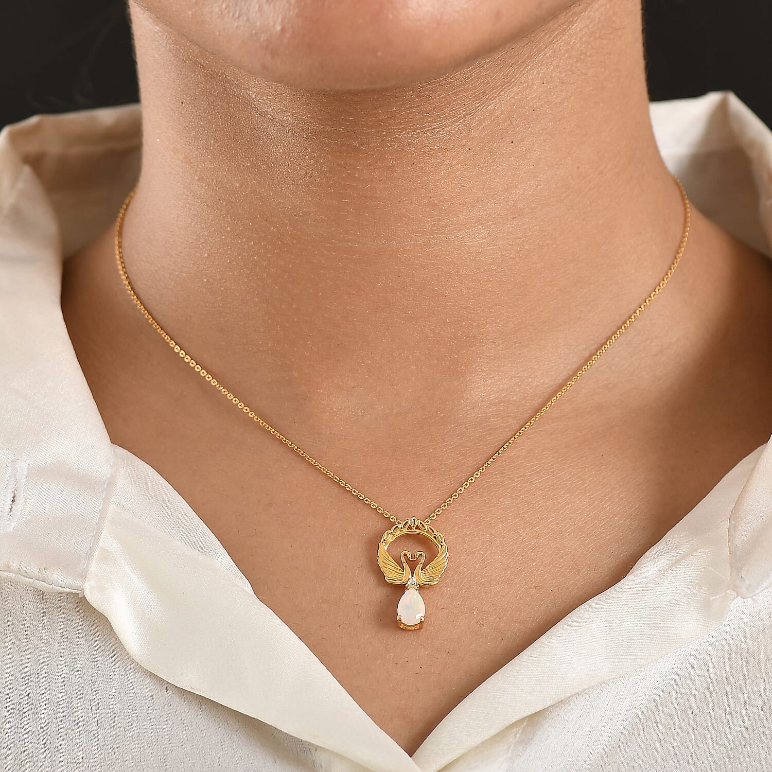 D'Joy Faceted Ethiopian Opal & White Zircon Swan Pendant with Chain (Size 20) in Yellow Gold Plated Sterling Silver.