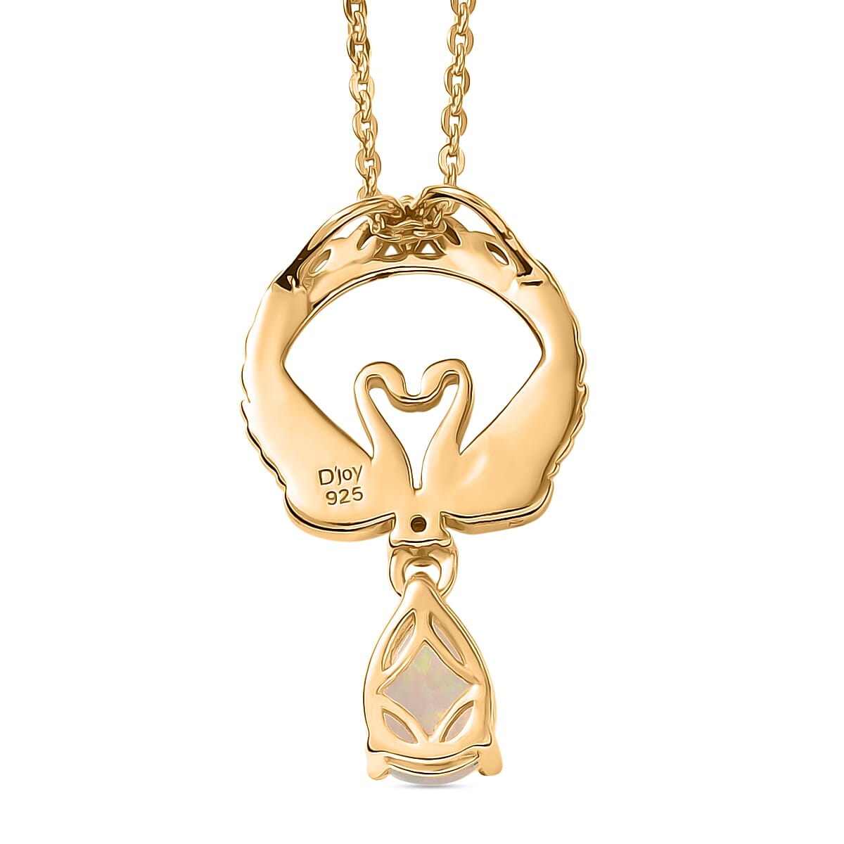 D'Joy Faceted Ethiopian Opal & White Zircon Swan Pendant with Chain (Size 20) in Yellow Gold Plated Sterling Silver.