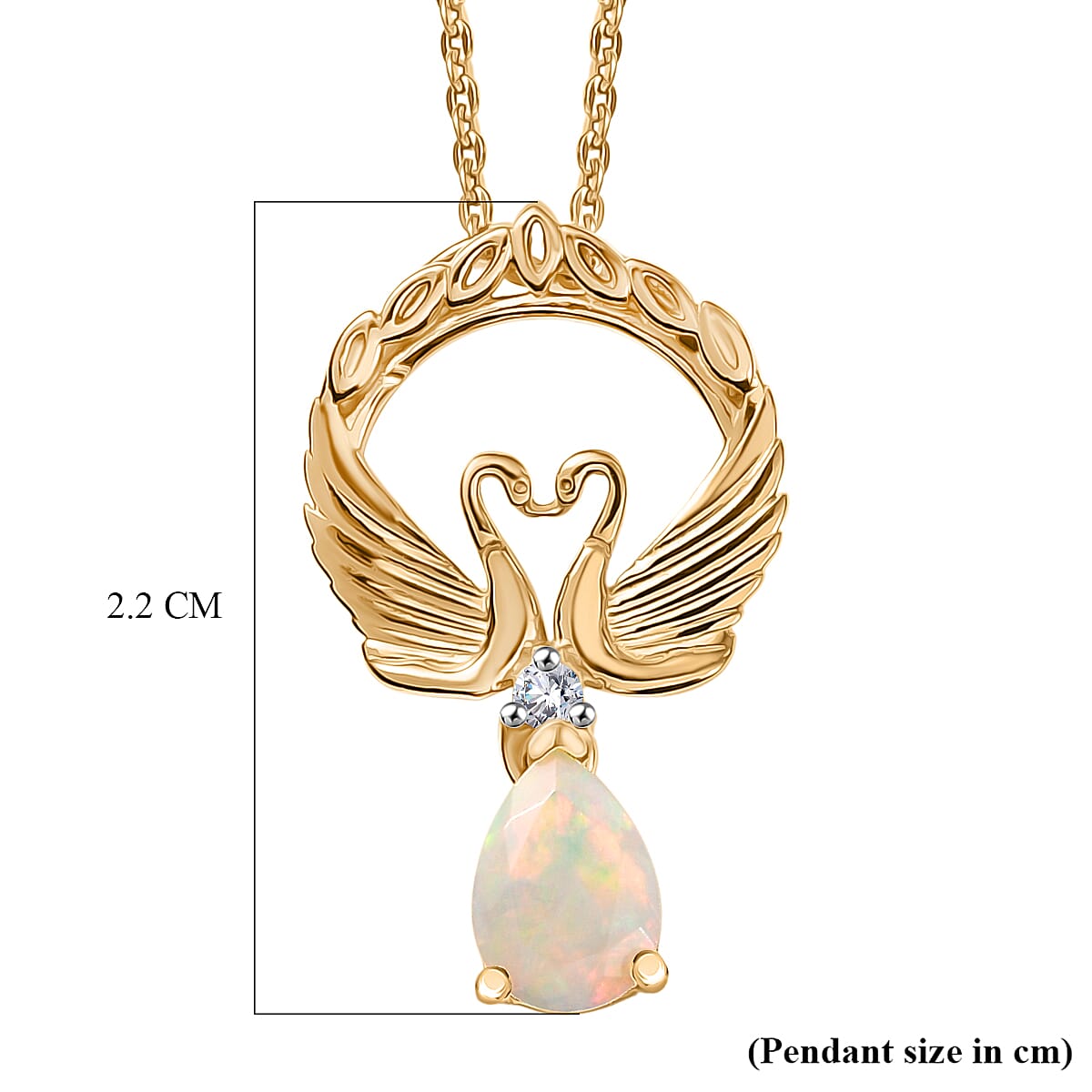 D'Joy Faceted Ethiopian Opal & White Zircon Swan Pendant with Chain (Size 20) in Yellow Gold Plated Sterling Silver.
