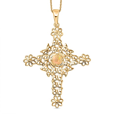 D'Joy Faceted Ethiopian Opal Cross Pendant with Chain (Size 20) in Yellow Gold Plated Sterling Silver.