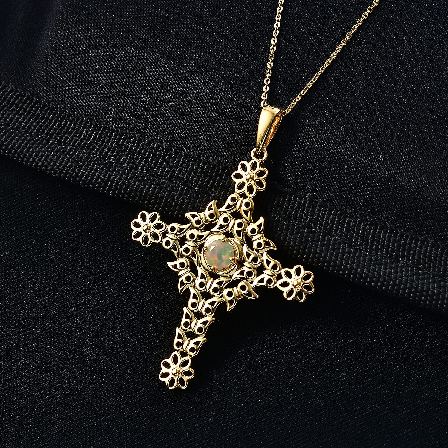 D'Joy Faceted Ethiopian Opal Cross Pendant with Chain (Size 20) in Yellow Gold Plated Sterling Silver.
