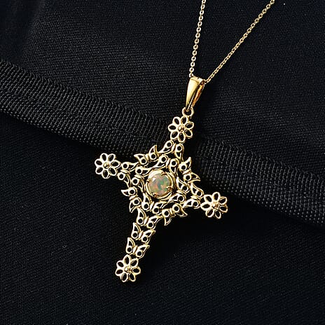 D'Joy Faceted Ethiopian Opal Cross Pendant with Chain (Size 20) in Yellow Gold Plated Sterling Silver.
