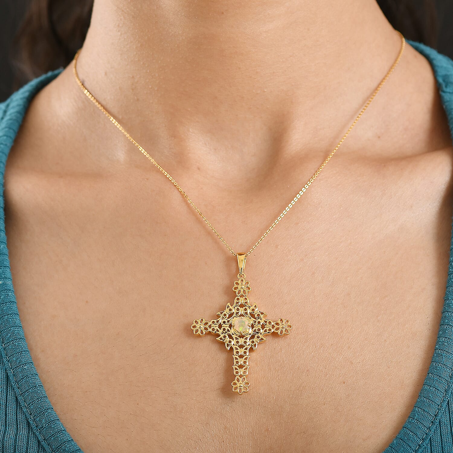 D'Joy Faceted Ethiopian Opal Cross Pendant with Chain (Size 20) in Yellow Gold Plated Sterling Silver.