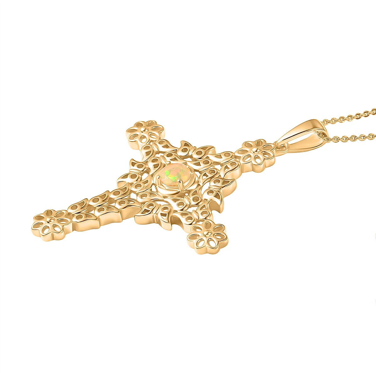 D'Joy Faceted Ethiopian Opal Cross Pendant with Chain (Size 20) in Yellow Gold Plated Sterling Silver.