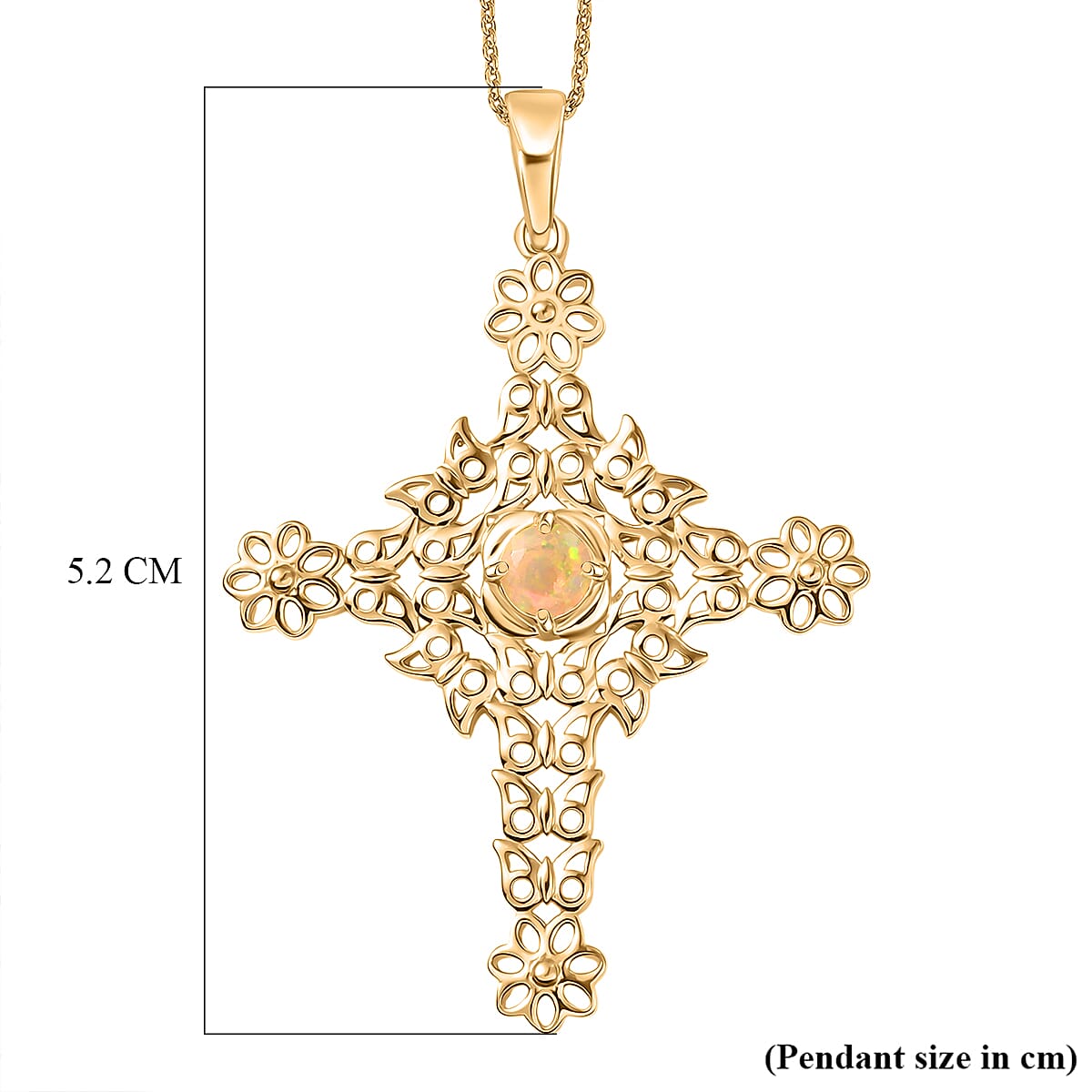 D'Joy Faceted Ethiopian Opal Cross Pendant with Chain (Size 20) in Yellow Gold Plated Sterling Silver.