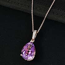 D'Joy AAA Rose De France Amethyst & White Zircon Teardrop Pendant with Chain (Size 20) in Rose Gold Plated Sterling Silver 8.14 Ct.