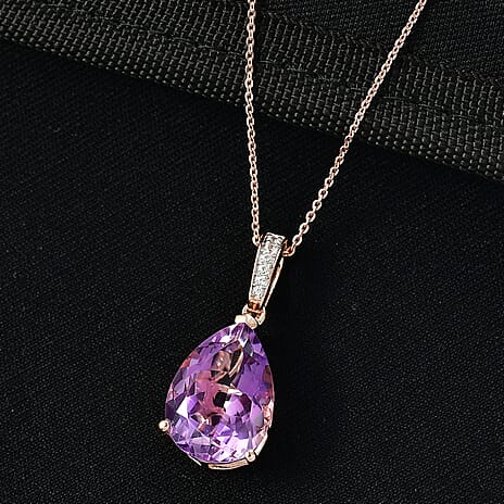 D'Joy AAA Rose De France Amethyst & White Zircon Teardrop Pendant with Chain (Size 20) in Rose Gold Plated Sterling Silver 8.14 Ct.