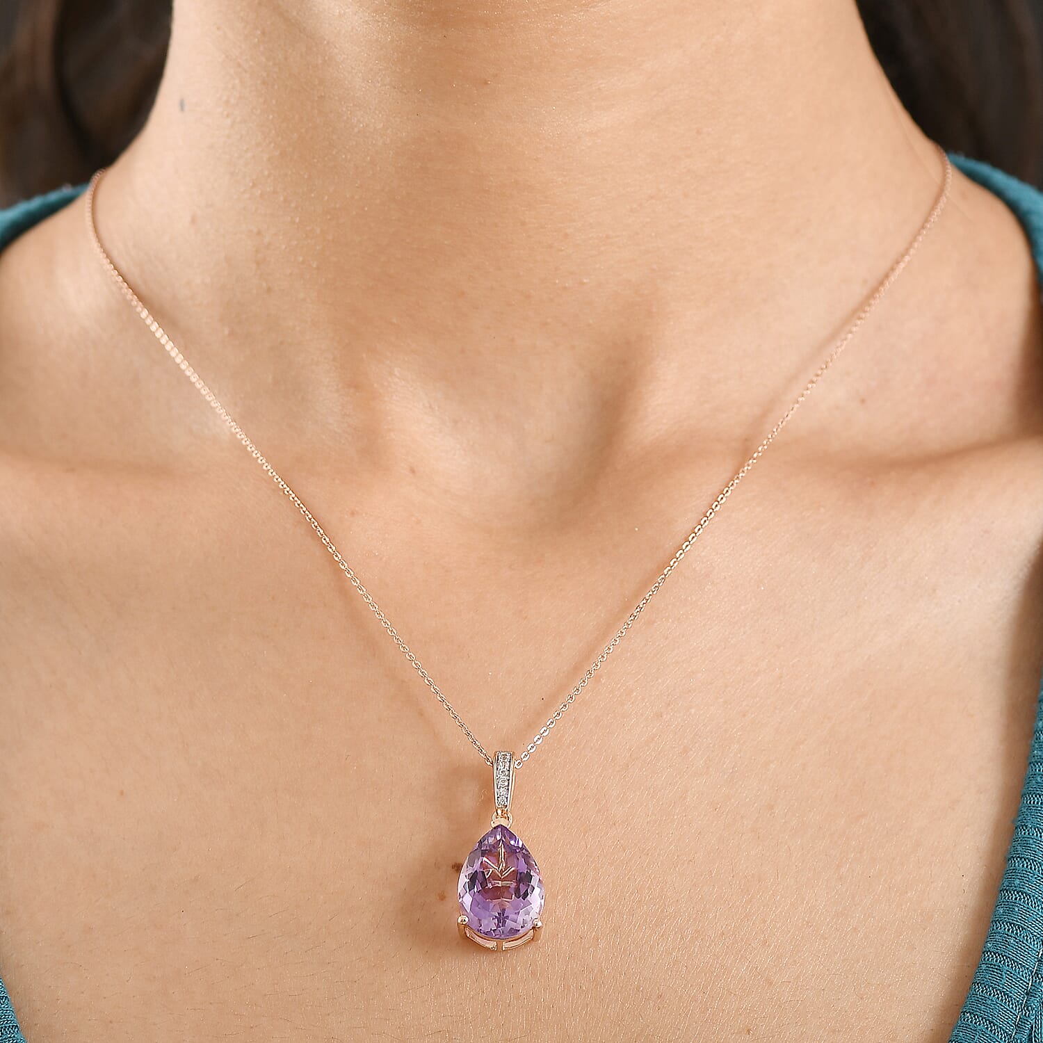 D'Joy AAA Rose De France Amethyst & White Zircon Teardrop Pendant with Chain (Size 20) in Rose Gold Plated Sterling Silver 8.14 Ct.