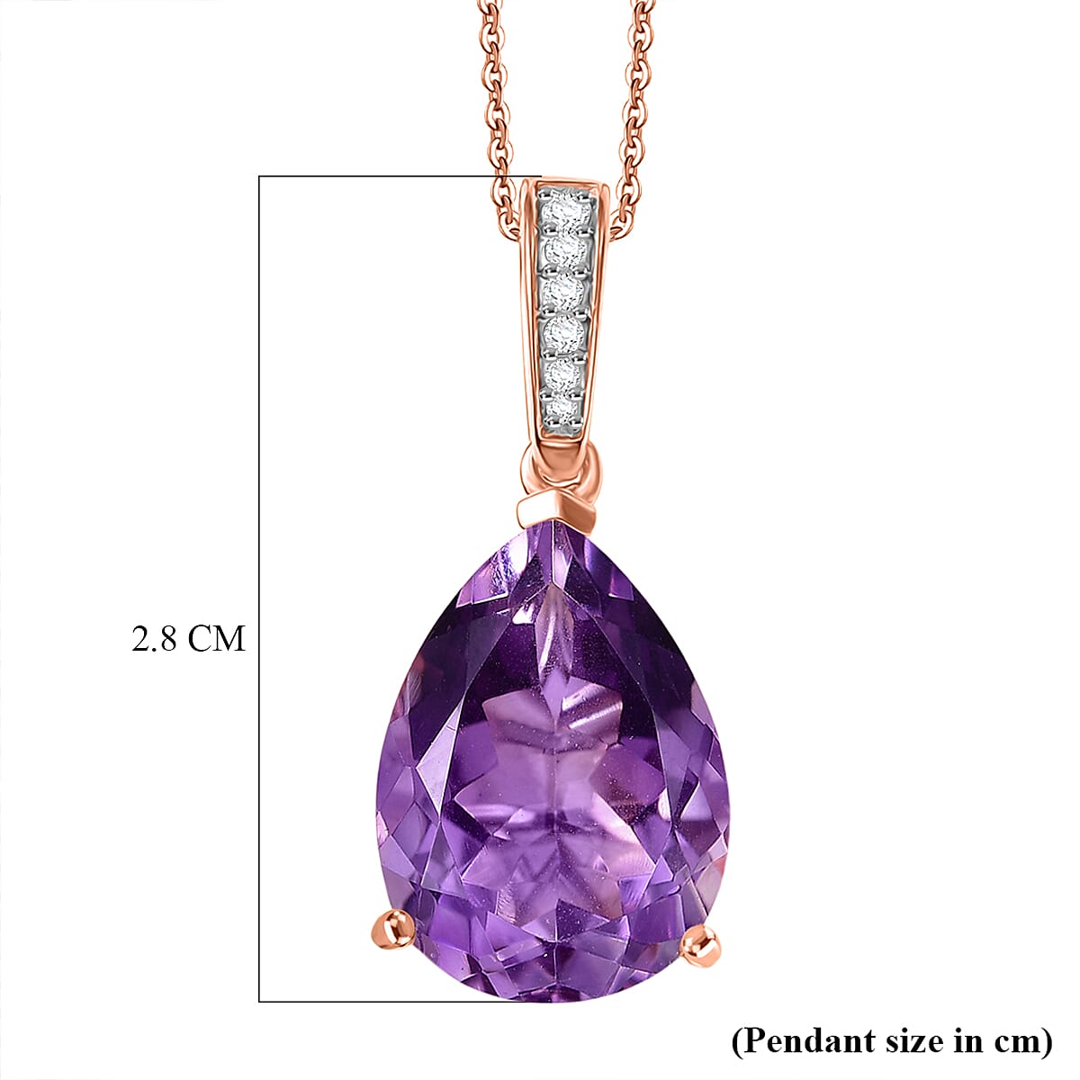 D'Joy AAA Rose De France Amethyst & White Zircon Teardrop Pendant with Chain (Size 20) in Rose Gold Plated Sterling Silver 8.14 Ct.