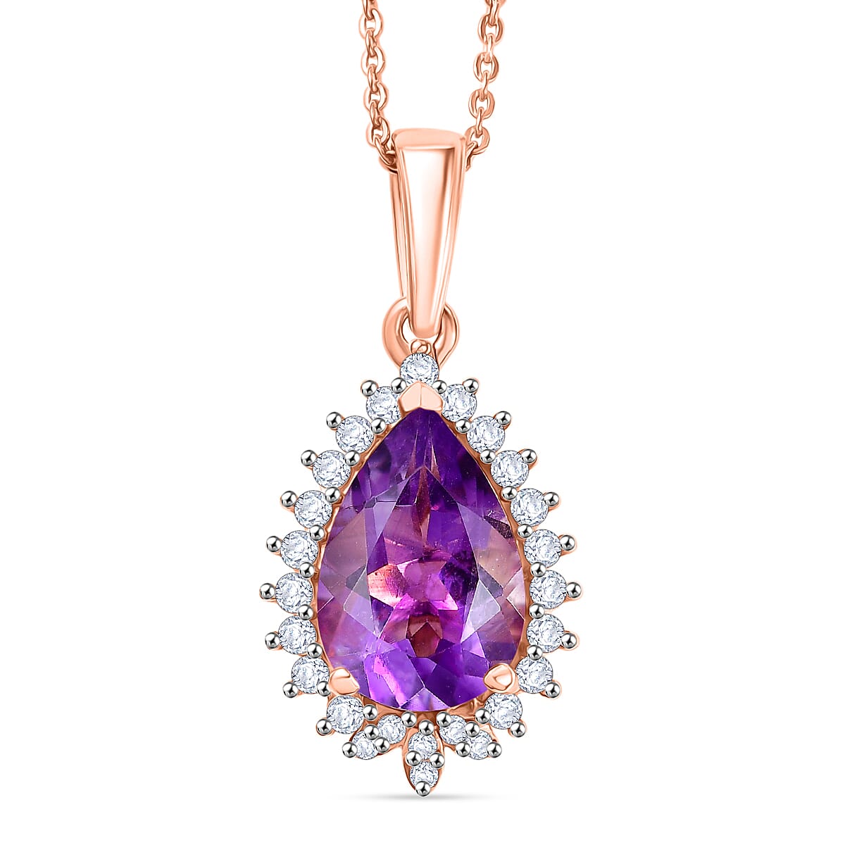 D'Joy AAA Rose De France Amethyst & White Zircon Pear Cut Halo Pendant with Chain (Size 20) in Rose Gold Plated Sterling Silver 3.00 Ct.