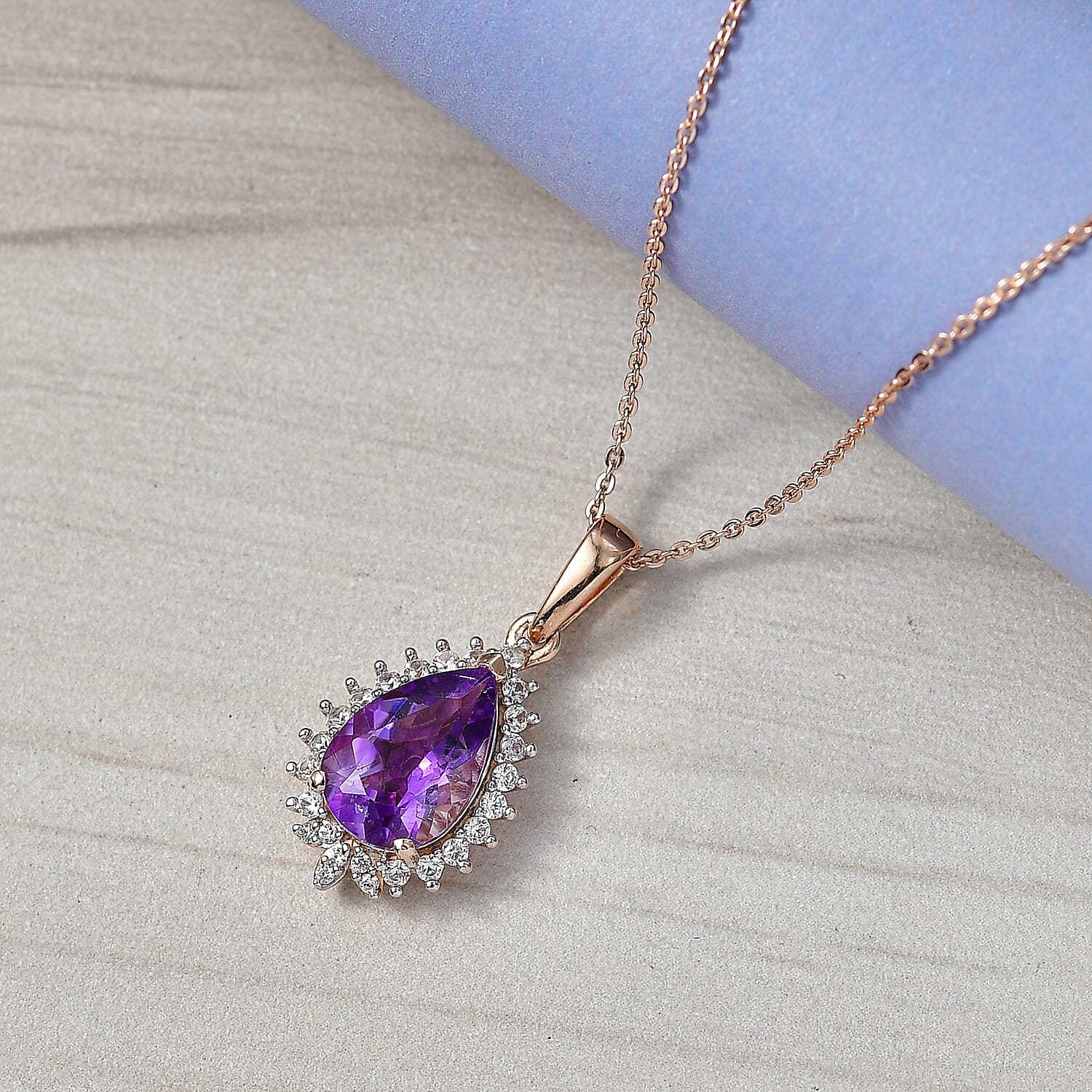 D'Joy AAA Rose De France Amethyst & White Zircon Pear Cut Halo Pendant with Chain (Size 20) in Rose Gold Plated Sterling Silver 3.00 Ct.