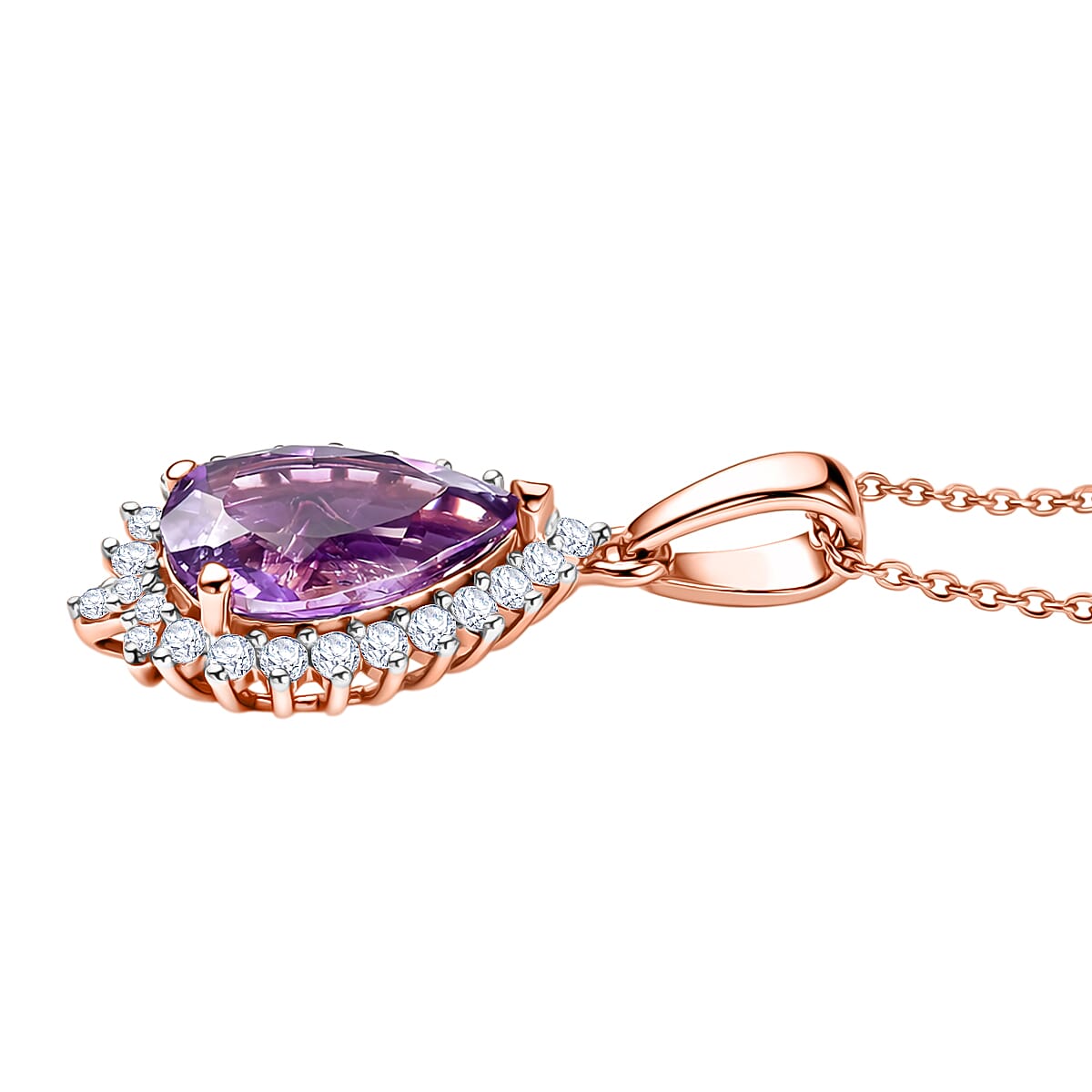 D'Joy AAA Rose De France Amethyst & White Zircon Pear Cut Halo Pendant with Chain (Size 20) in Rose Gold Plated Sterling Silver 3.00 Ct.