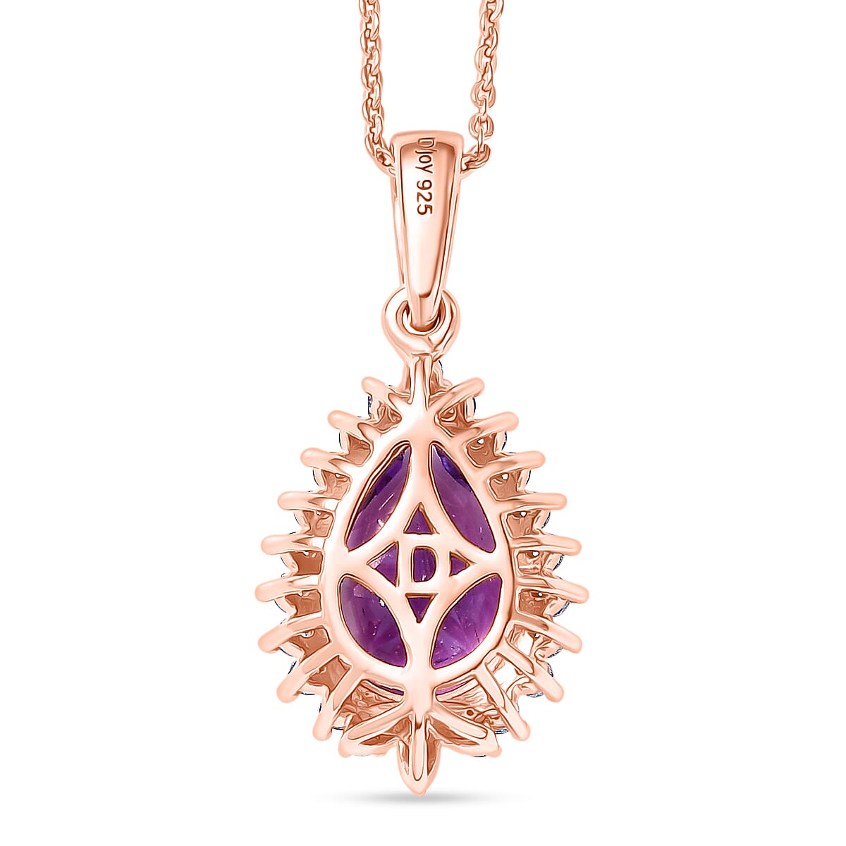 D'Joy AAA Rose De France Amethyst & White Zircon Pear Cut Halo Pendant with Chain (Size 20) in Rose Gold Plated Sterling Silver 3.00 Ct.