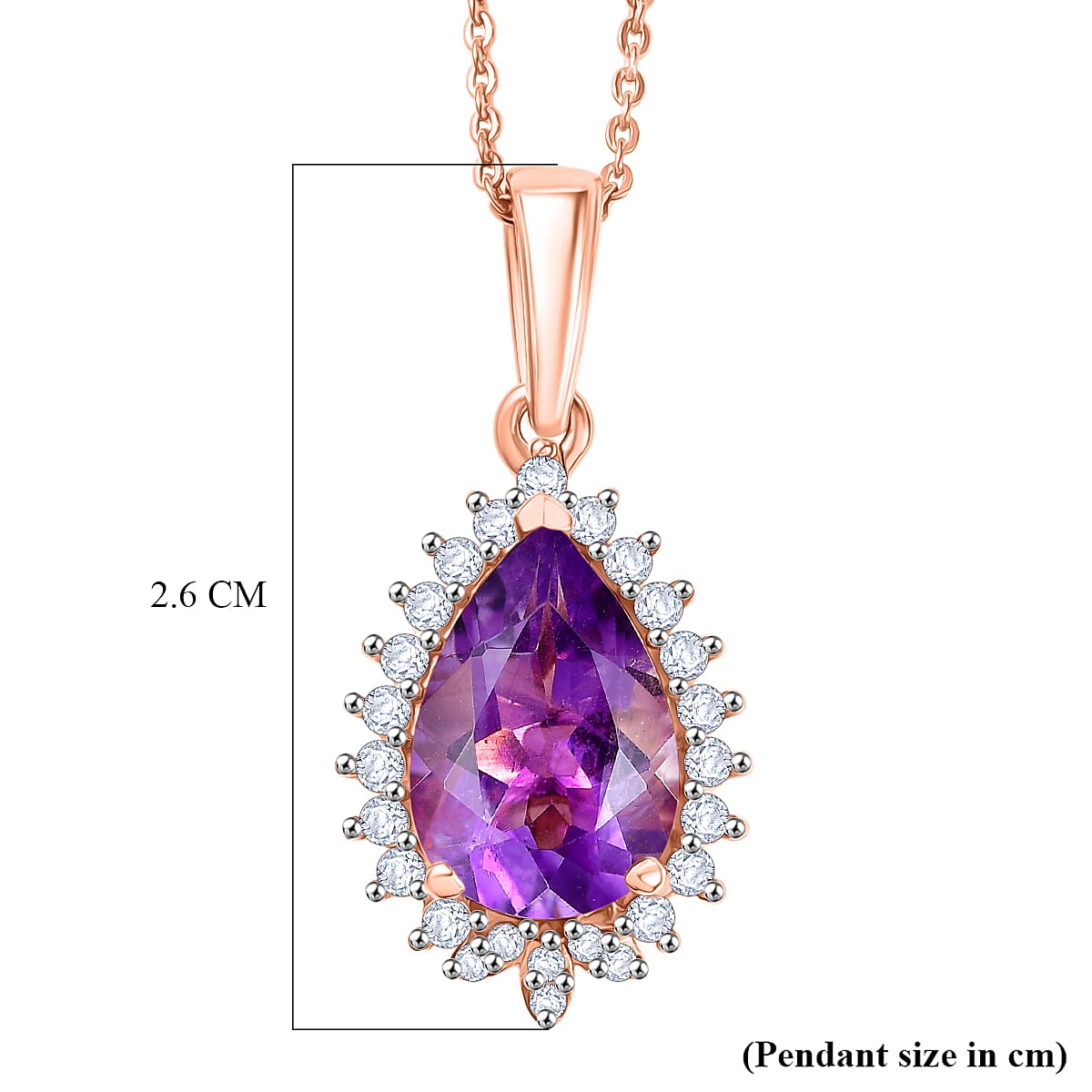 D'Joy AAA Rose De France Amethyst & White Zircon Pear Cut Halo Pendant with Chain (Size 20) in Rose Gold Plated Sterling Silver 3.00 Ct.
