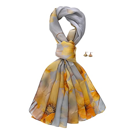 The luxury Re-defined - Valissiere 100 % Mulberry Silk Floral Print Scarf with Earrings - Grey - Yellow