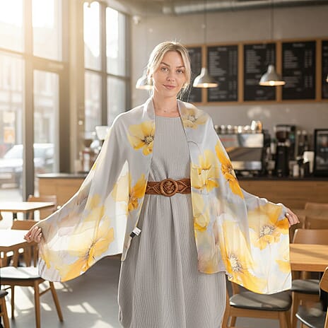 The luxury Re-defined - Valissiere 100 % Mulberry Silk Floral Print Scarf with Earrings - Grey - Yellow