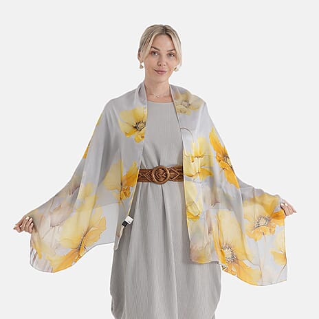 The luxury Re-defined - Valissiere 100 % Mulberry Silk Floral Print Scarf with Earrings - Grey - Yellow