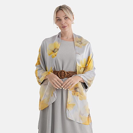 The luxury Re-defined - Valissiere 100 % Mulberry Silk Floral Print Scarf with Earrings - Grey - Yellow