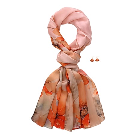 The Luxury Re-defined - Valissiere 100 % Mulberry Silk Floral Print Scarf with Earrings - Orange