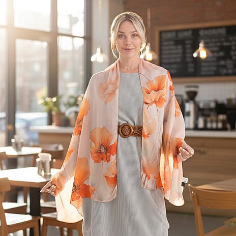 The Luxury Re-defined - Valissiere 100 % Mulberry Silk Floral Print Scarf with Earrings - Orange