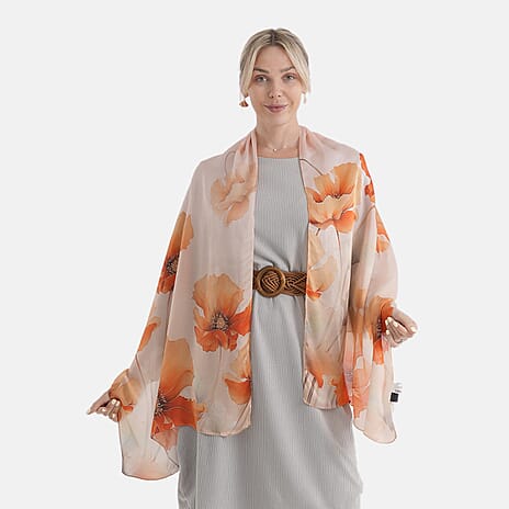 The Luxury Re-defined - Valissiere 100 % Mulberry Silk Floral Print Scarf with Earrings - Orange