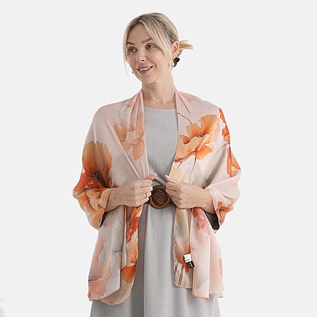 The Luxury Re-defined - Valissiere 100 % Mulberry Silk Floral Print Scarf with Earrings - Orange