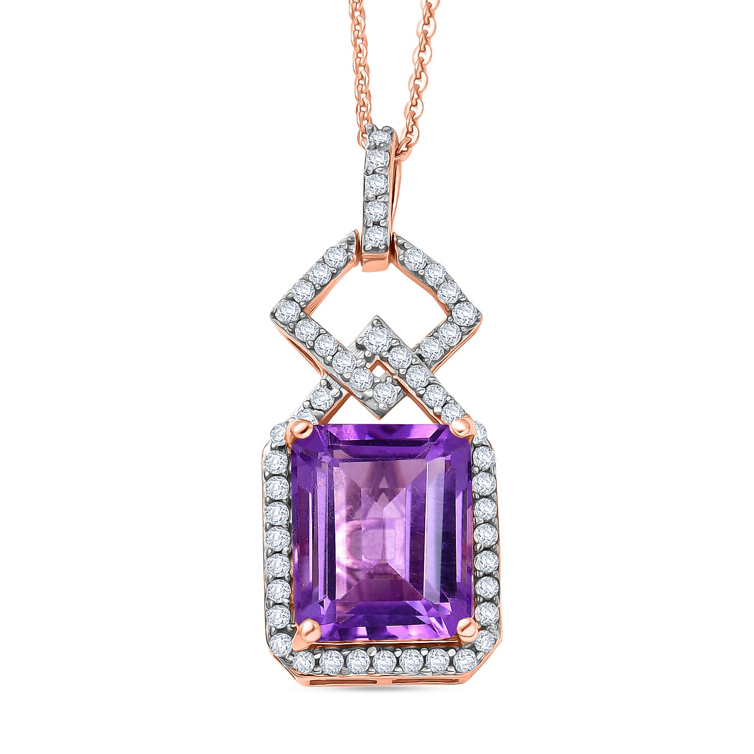AAA Rose De France Amethyst & White Zircon Pendant with Chain (Size 20) in 18K Yellow Gold Plated Sterling Silver 5.55 Ct.