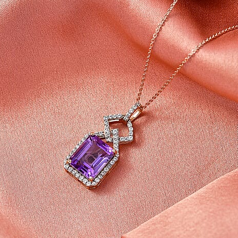D'Joy AAA Rose De France Amethyst & White Zircon Pendant with Chain (Size 20) in Rose Gold Plated Sterling Silver 5.55 Ct.