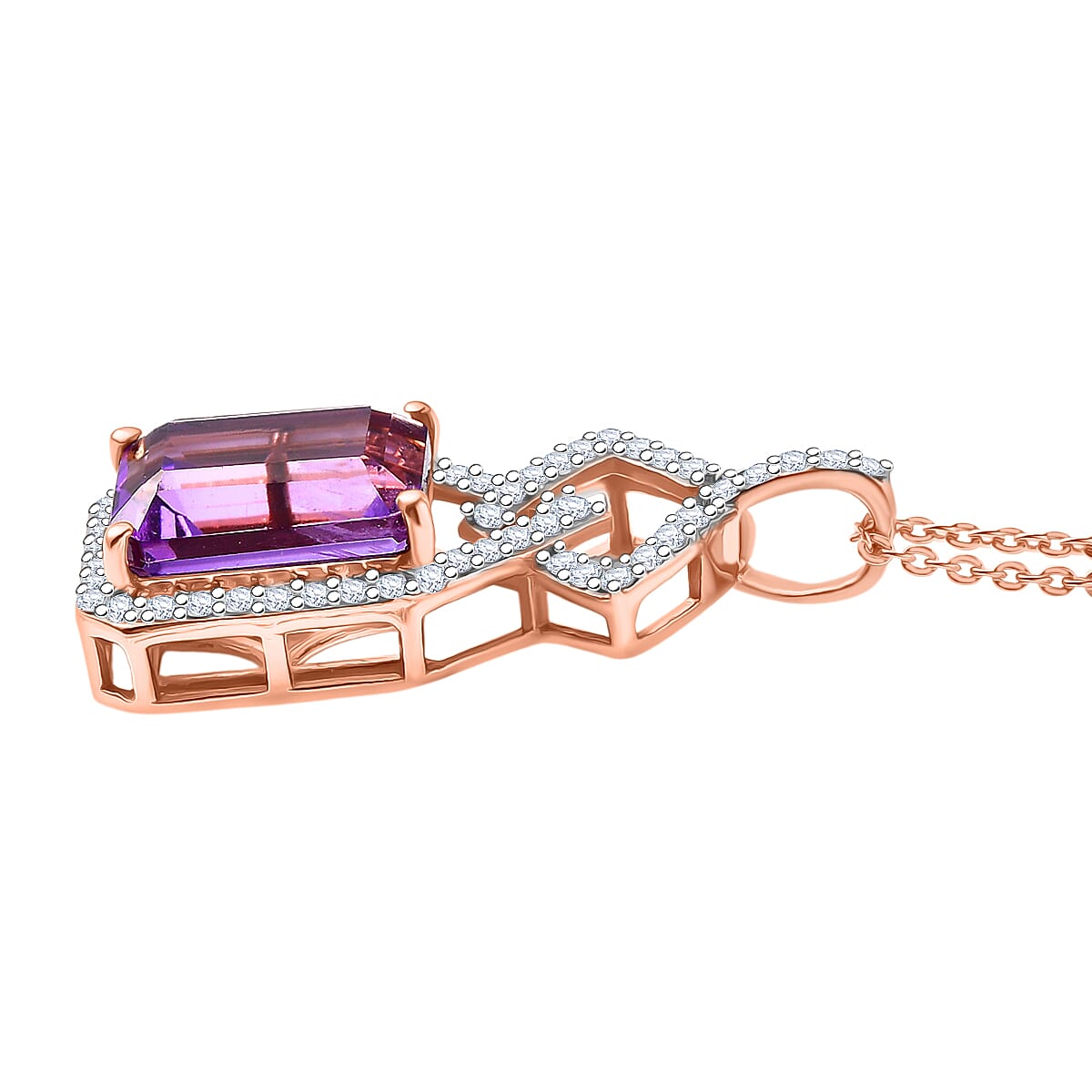 AAA Rose De France Amethyst & White Zircon Pendant with Chain (Size 20) in 18K Yellow Gold Plated Sterling Silver 5.55 Ct.