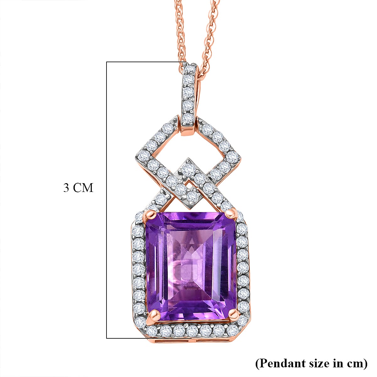 AAA Rose De France Amethyst & White Zircon Pendant with Chain (Size 20) in 18K Yellow Gold Plated Sterling Silver 5.55 Ct.
