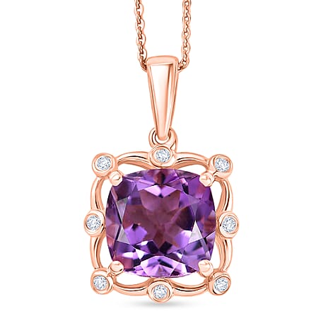 D'Joy Rose De France Amethyst & White Zircon Cushion Cut Halo Pendant with Chain (Size 20) in Rose Gold Plated Sterling Silver 4.54 Ct.