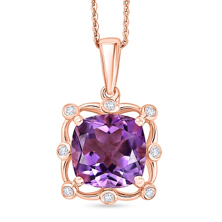 D'Joy Rose De France Amethyst & White Zircon Cushion Cut Halo Pendant with Chain (Size 20) in Rose Gold Plated Sterling Silver 4.54 Ct. D'Joy Rose De France Amethyst & White Zircon Cushion Cut Halo Pendant with Chain (Size 20) in Rose Gold Plated Sterling Silver 4.54 Ct.