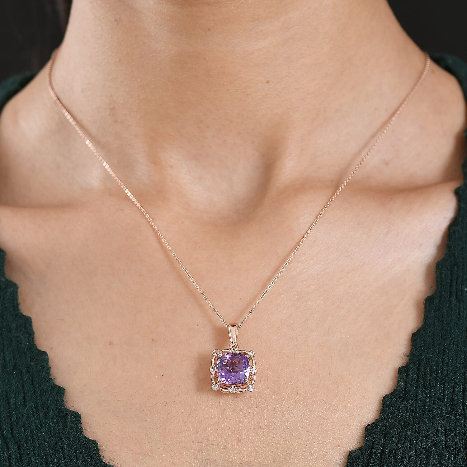 D'Joy Rose De France Amethyst & White Zircon Cushion Cut Halo Pendant with Chain (Size 20) in Rose Gold Plated Sterling Silver 4.54 Ct.