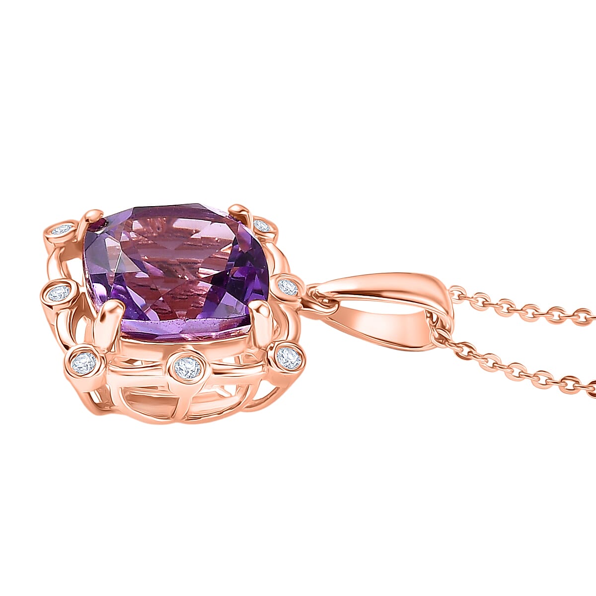 D'Joy Rose De France Amethyst & White Zircon Cushion Cut Halo Pendant with Chain (Size 20) in Rose Gold Plated Sterling Silver 4.54 Ct.
