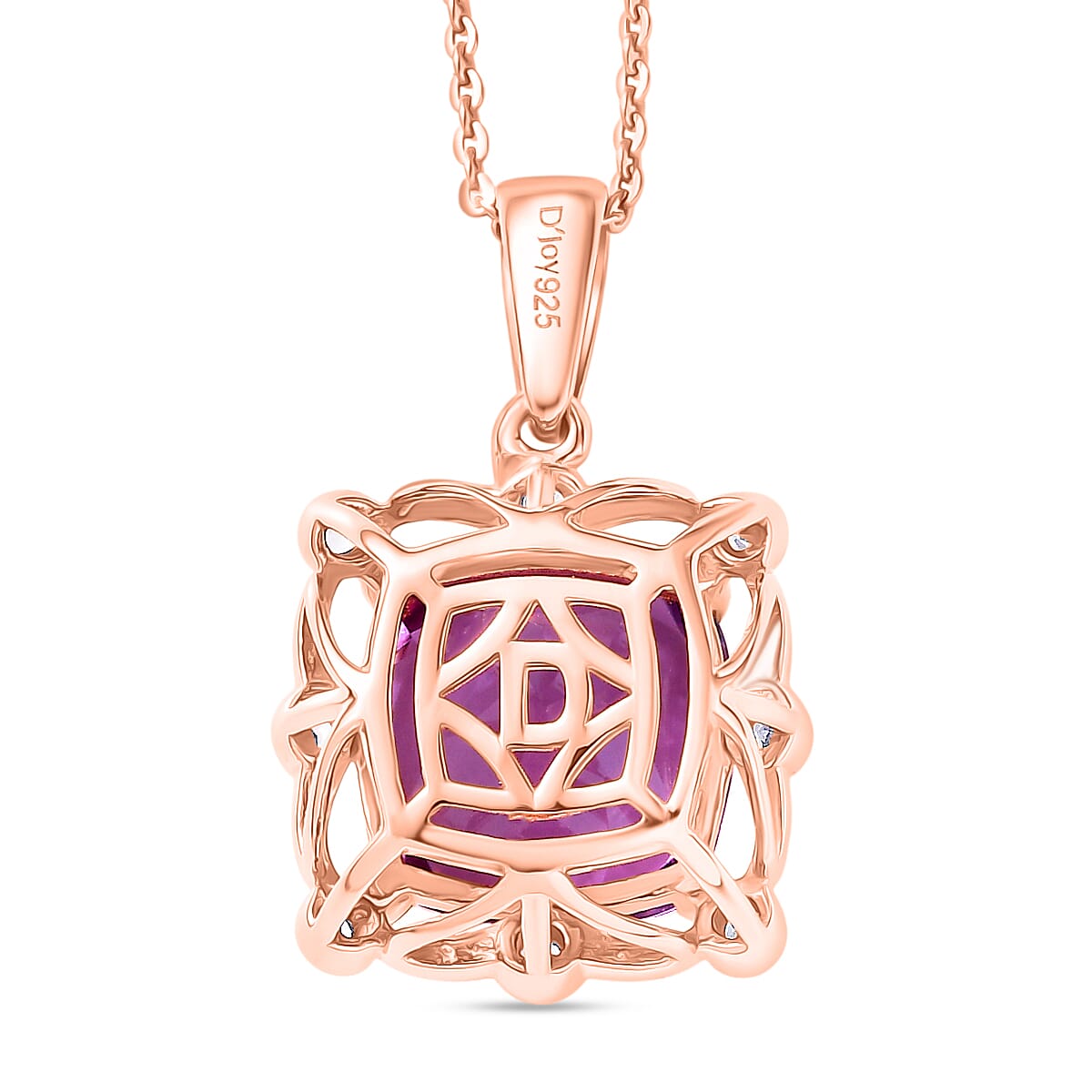 D'Joy Rose De France Amethyst & White Zircon Cushion Cut Halo Pendant with Chain (Size 20) in Rose Gold Plated Sterling Silver 4.54 Ct.