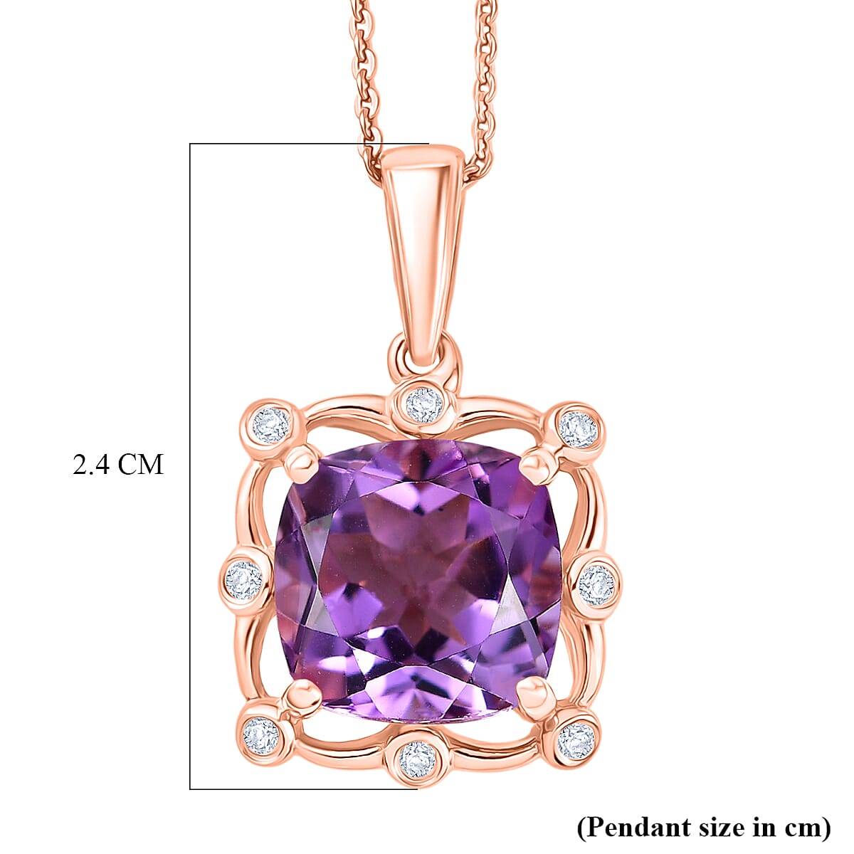 D'Joy Rose De France Amethyst & White Zircon Cushion Cut Halo Pendant with Chain (Size 20) in Rose Gold Plated Sterling Silver 4.54 Ct.