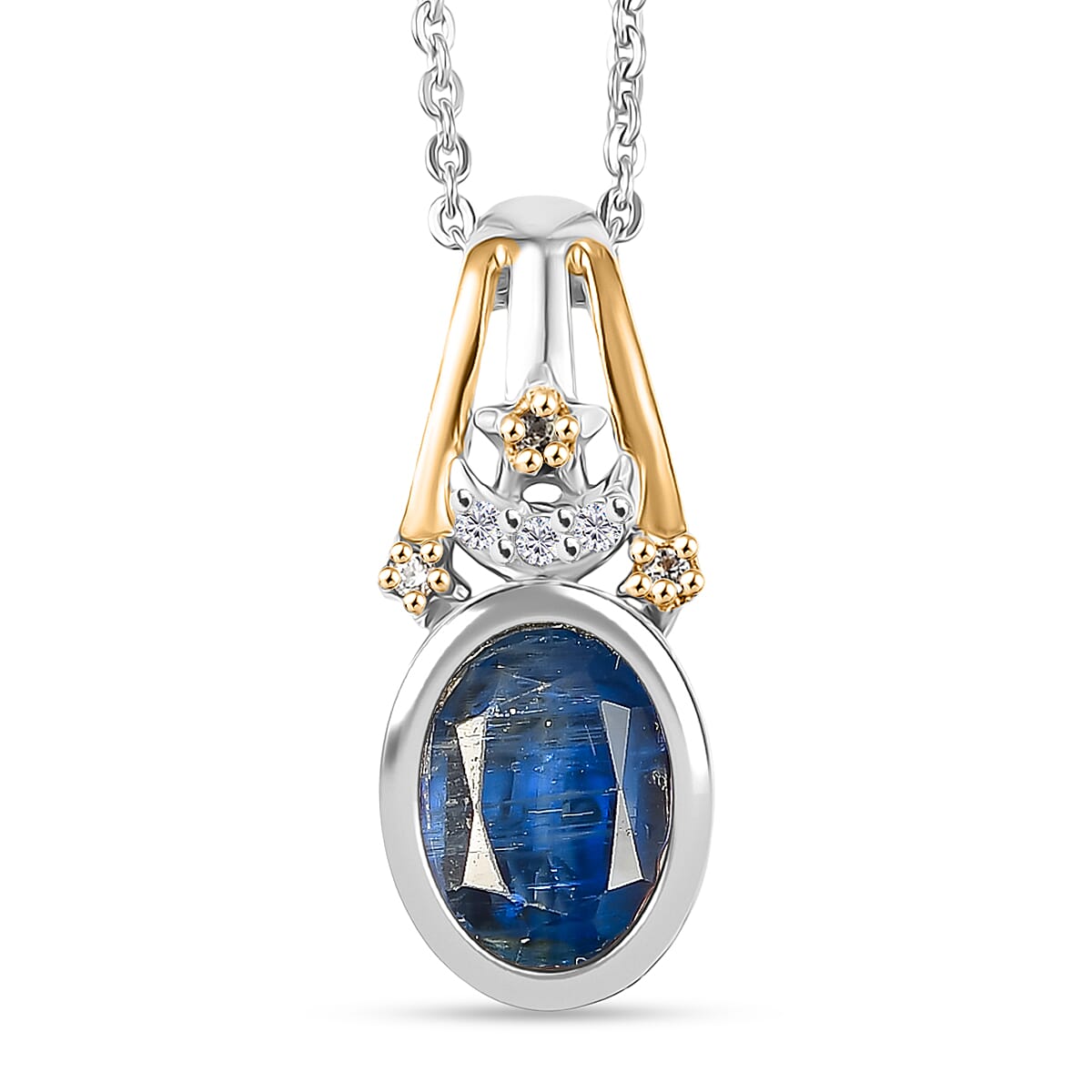 GP Natural Kashmir Kyanite, White Zircon & Kanchanaburi Blue Sapphire Pendant with Chain (Size 20) in Rhodium & Yellow Gold Plated Sterling Silver 1.69 Ct.