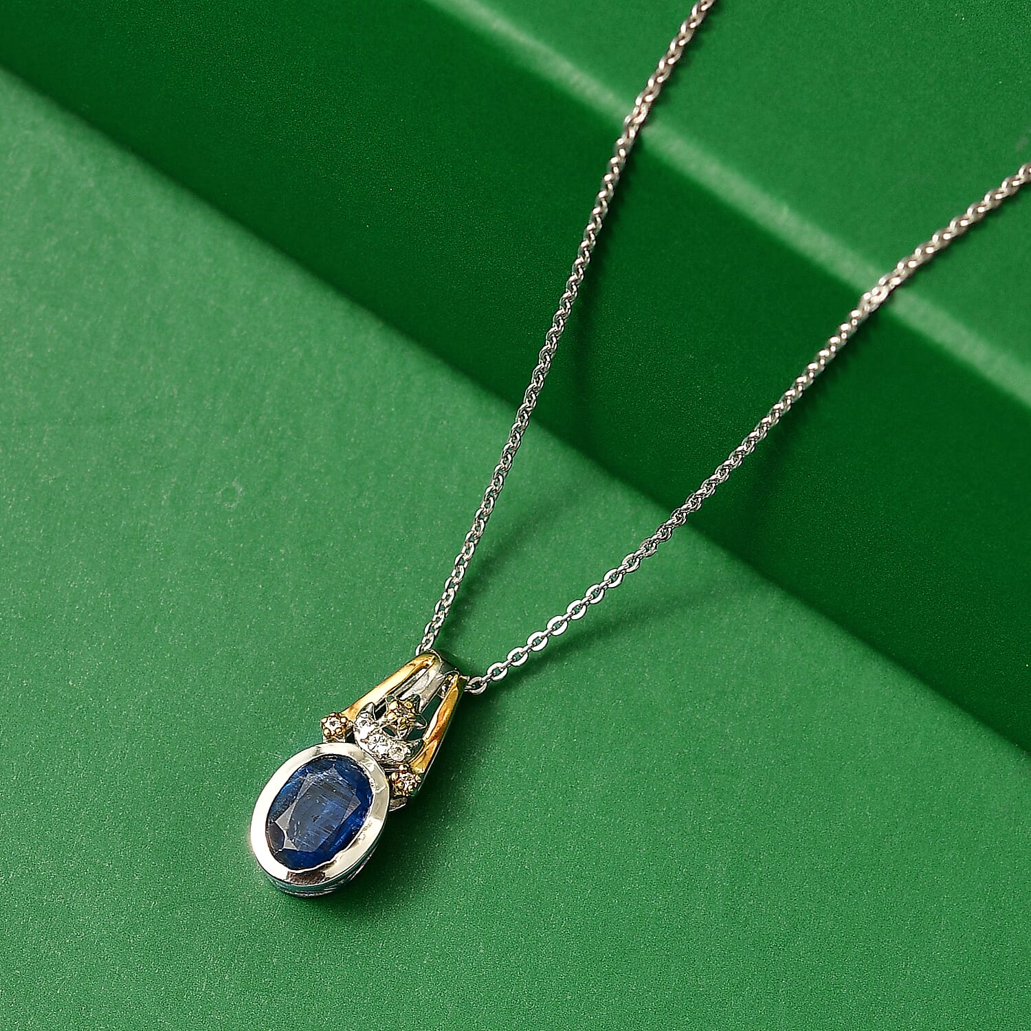 GP Natural Kashmir Kyanite, White Zircon & Kanchanaburi Blue Sapphire Pendant with Chain (Size 20) in Rhodium & Yellow Gold Plated Sterling Silver 1.69 Ct.
