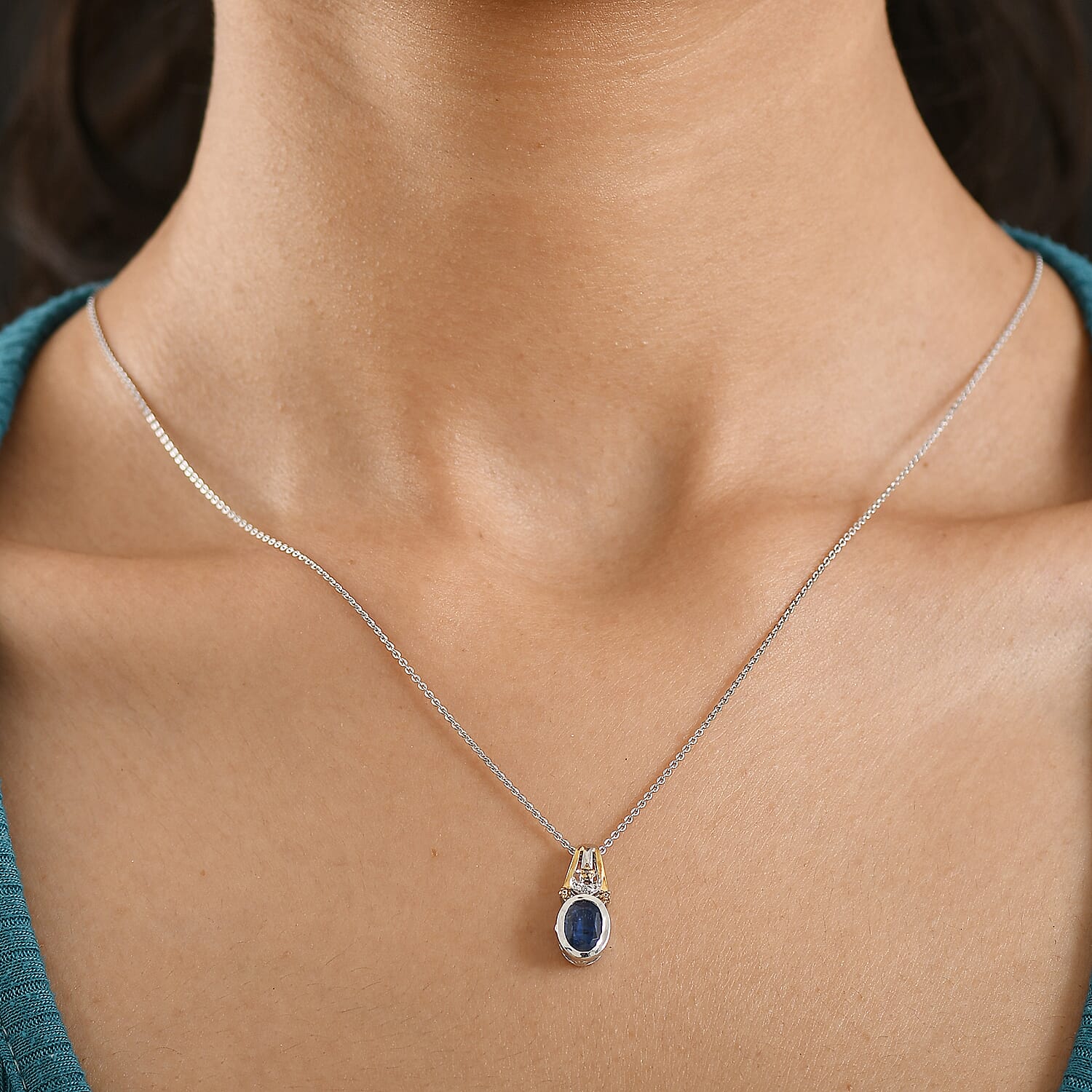 GP Natural Kashmir Kyanite, White Zircon & Kanchanaburi Blue Sapphire Pendant with Chain (Size 20) in Rhodium & Yellow Gold Plated Sterling Silver 1.69 Ct.