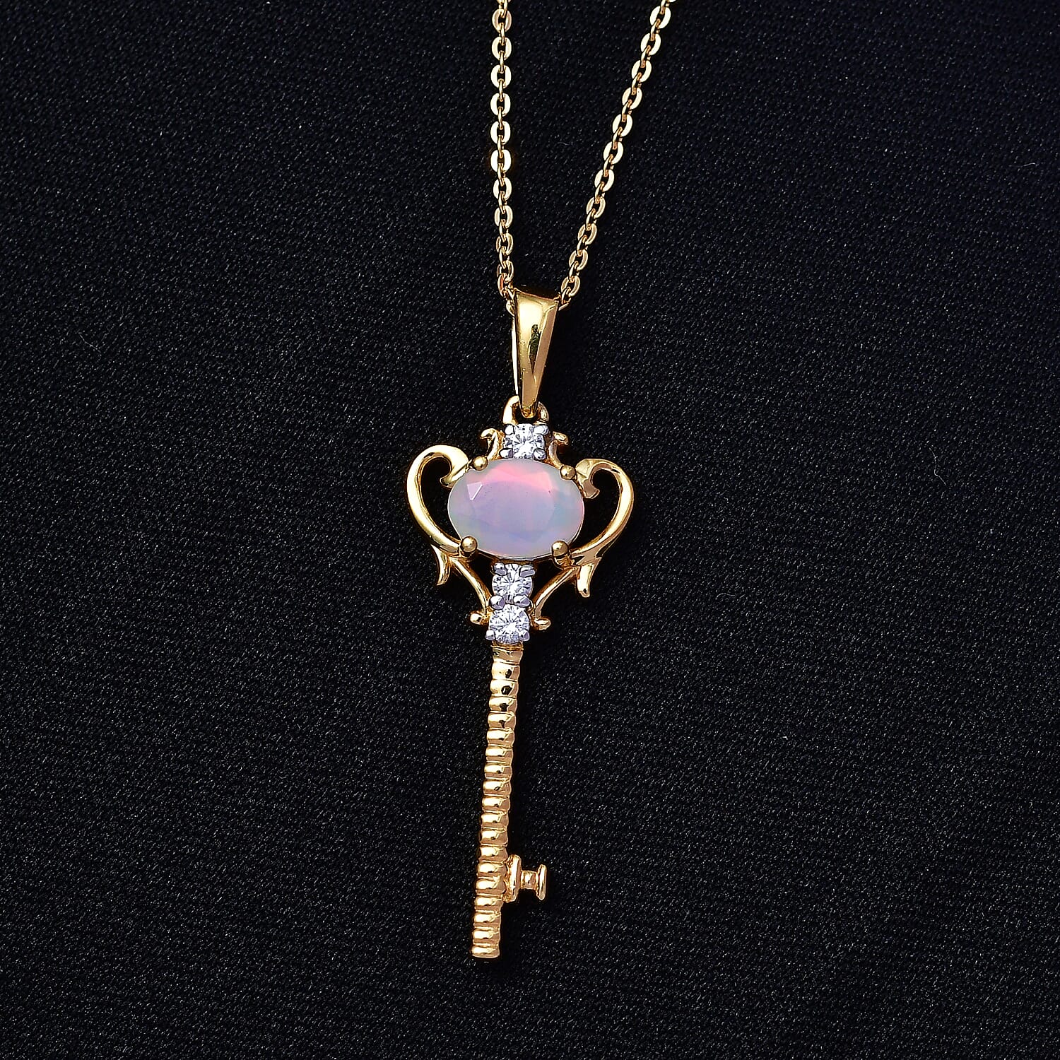Faceted Ethiopian Opal & White Zircon Key Pendant with Chain (Size 20) in Sterling Silver.