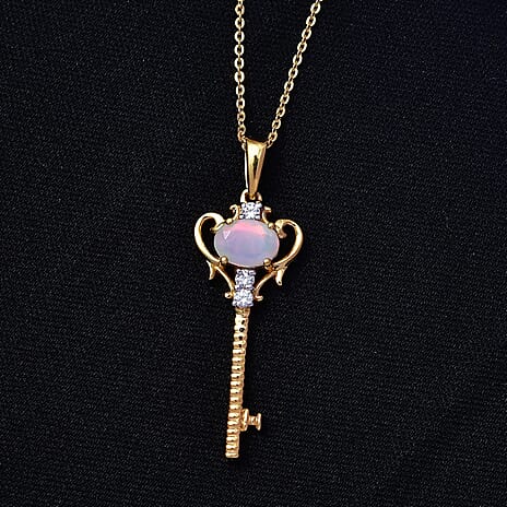 Faceted Ethiopian Opal & White Zircon Key Pendant with Chain (Size 20) in Sterling Silver.